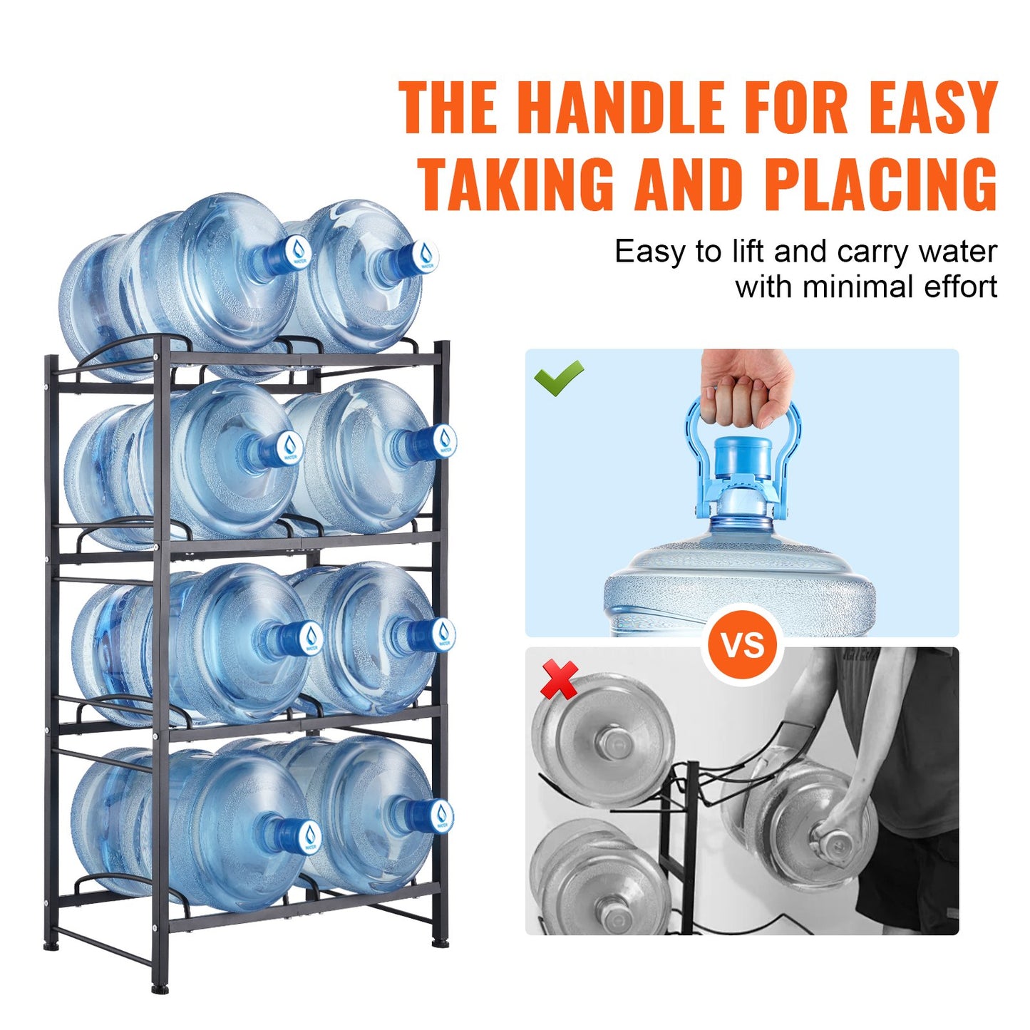 VEVOR 4 Tiers Water Jug Holder Double Row Water Bottle Rack for 8 Bottles Black