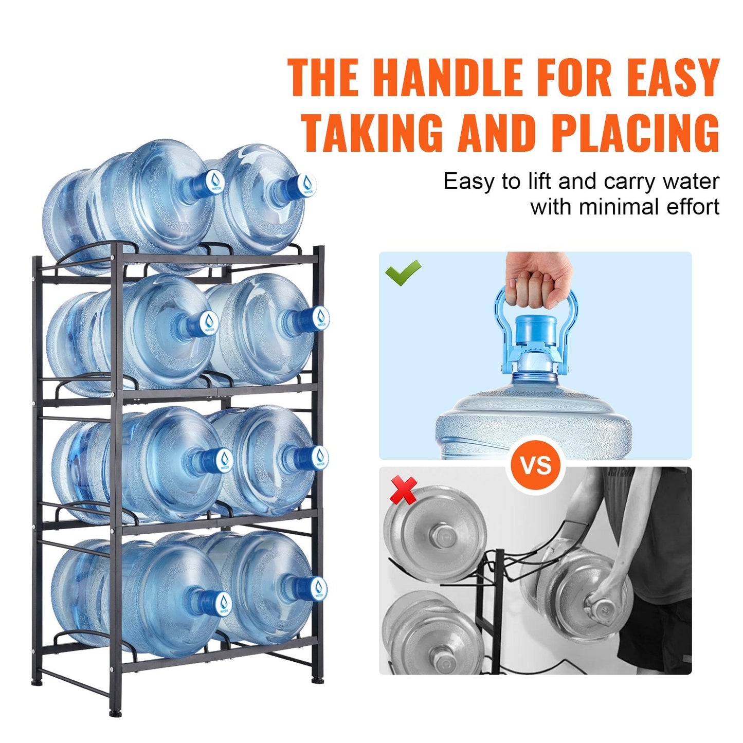 4-Tier Double Row Water Jug Rack for 8 Bottles, Black Iron, Easy Install