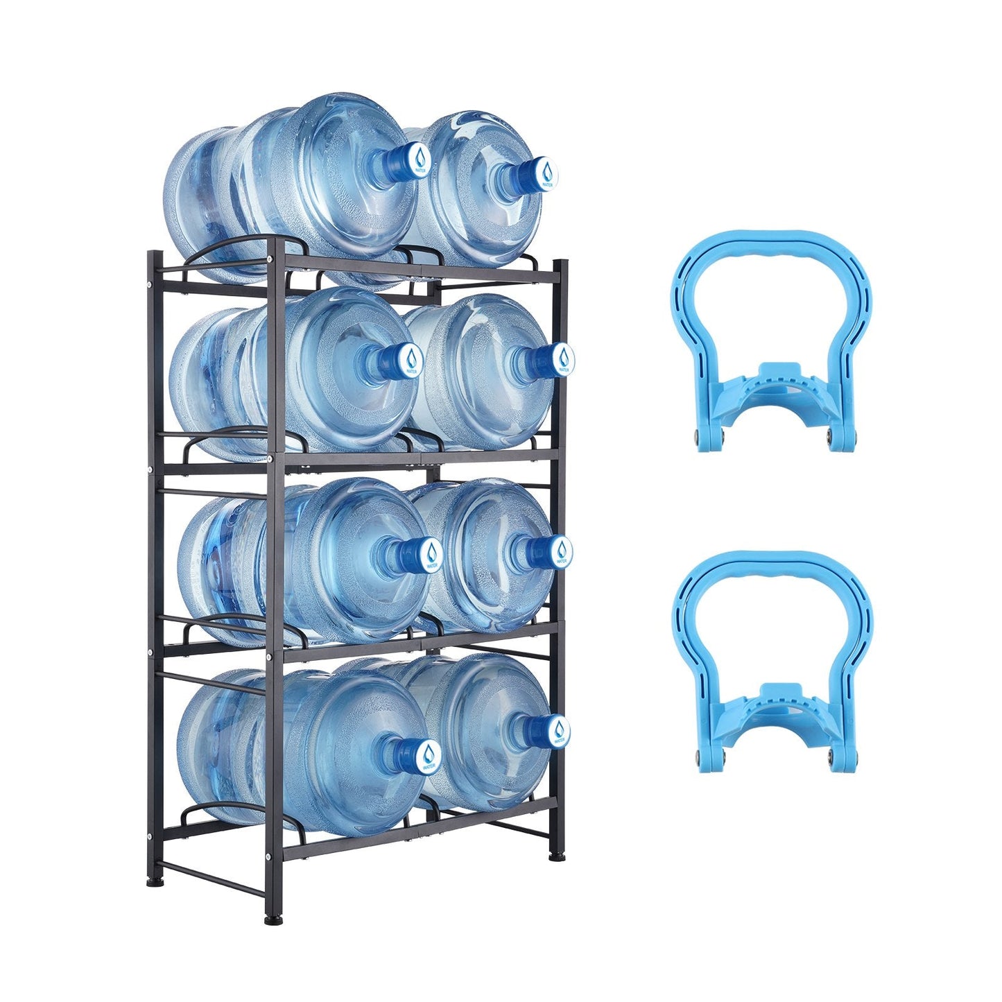 4-Tier Double Row Water Jug Rack for 8 Bottles, Black Iron, Easy Install