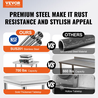 VEVOR Non-magnetic Stainless Steel 610x610mm Commercial Kitchen cooking Table 50mm