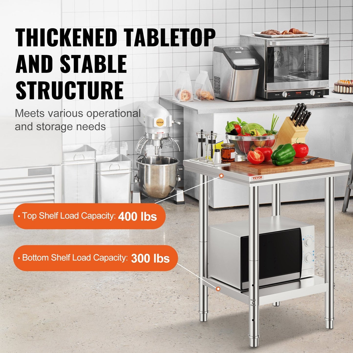 Stainless Steel 0.6m x 0.6m Adjustable Kitchen Table, 318 kg Capacity
