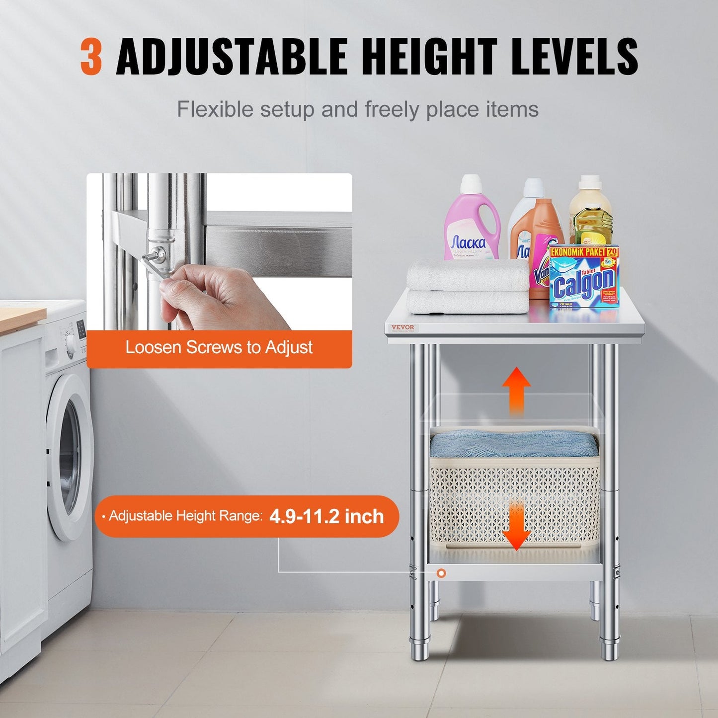 Stainless Steel 0.6m x 0.6m Adjustable Kitchen Table, 318 kg Capacity