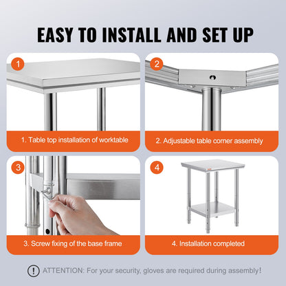 VEVOR Non-magnetic Stainless Steel 610x610mm Commercial Kitchen cooking Table 50mm