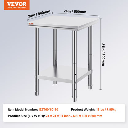 VEVOR Non-magnetic Stainless Steel 610x610mm Commercial Kitchen cooking Table 50mm