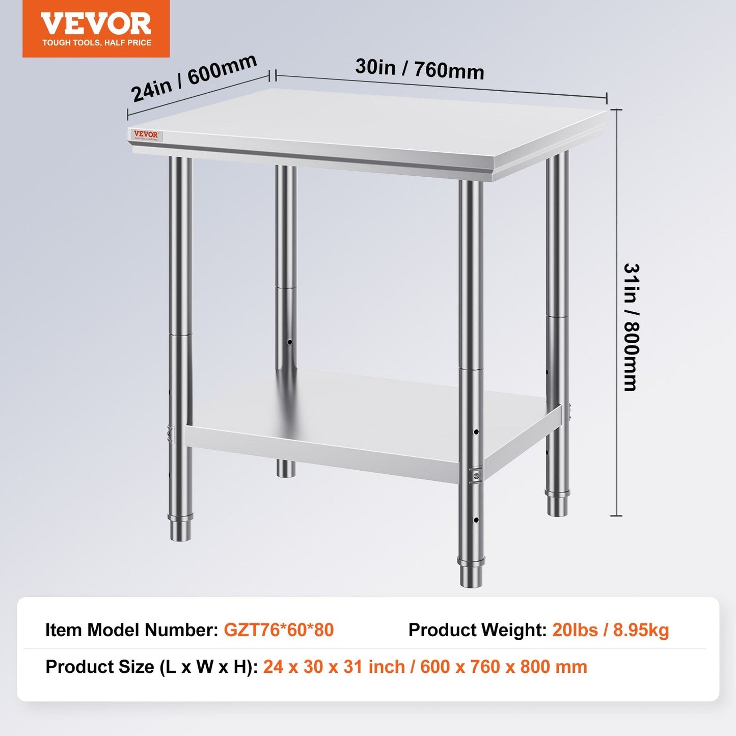 Stainless Steel Commercial Workstation 0.6 x 0.76 x 0.8 m, 317 kg Capacity
