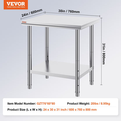 Stainless Steel Commercial Workstation 0.6 x 0.76 x 0.8 m, 317 kg Capacity