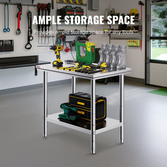 Stainless Steel Kitchen Work Table, Adjustable Height, 900x600mm, 318 kg Capacity