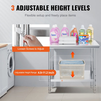 Stainless Steel Kitchen Work Table, Adjustable Height, 900x600mm, 318 kg Capacity