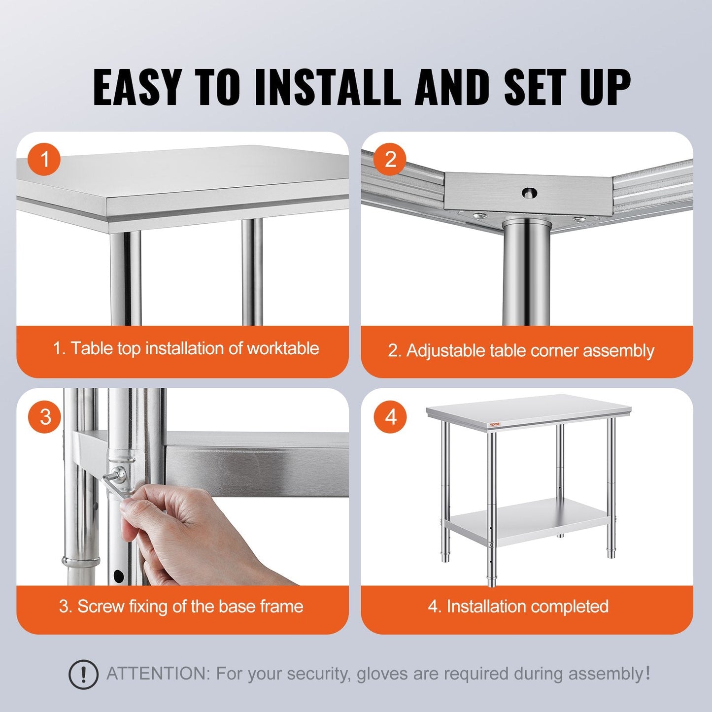 Stainless Steel Kitchen Work Table, Adjustable Height, 900x600mm, 318 kg Capacity