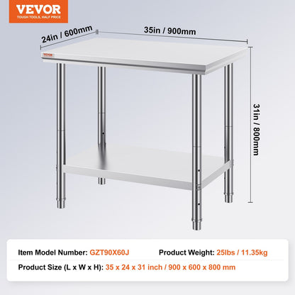 Stainless Steel Kitchen Work Table, Adjustable Height, 900x600mm, 318 kg Capacity