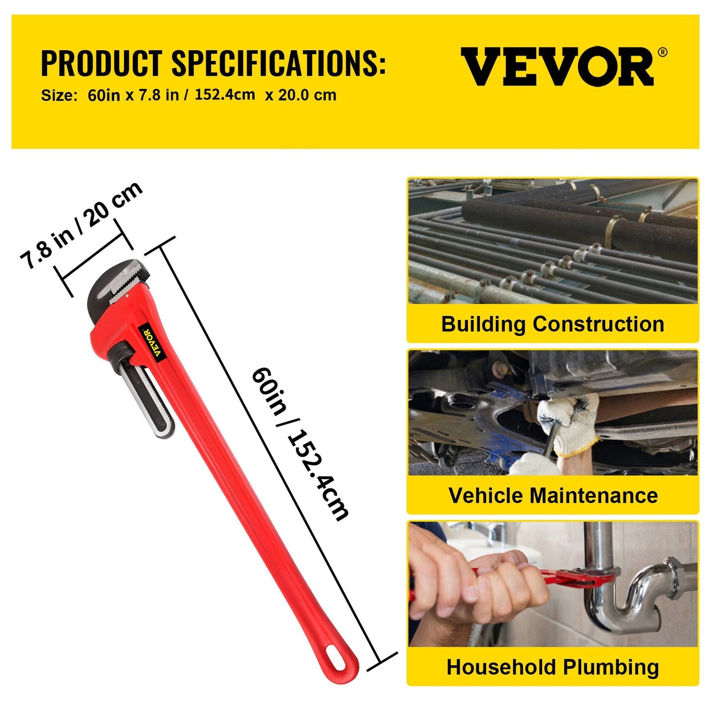 Heavy-Duty 1.5m Cast Iron Pipe Wrench with 200mm Jaw Capacity
