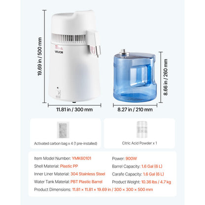 6L Water Distiller Home Countertop Purifier Machine 900W Plastic Container