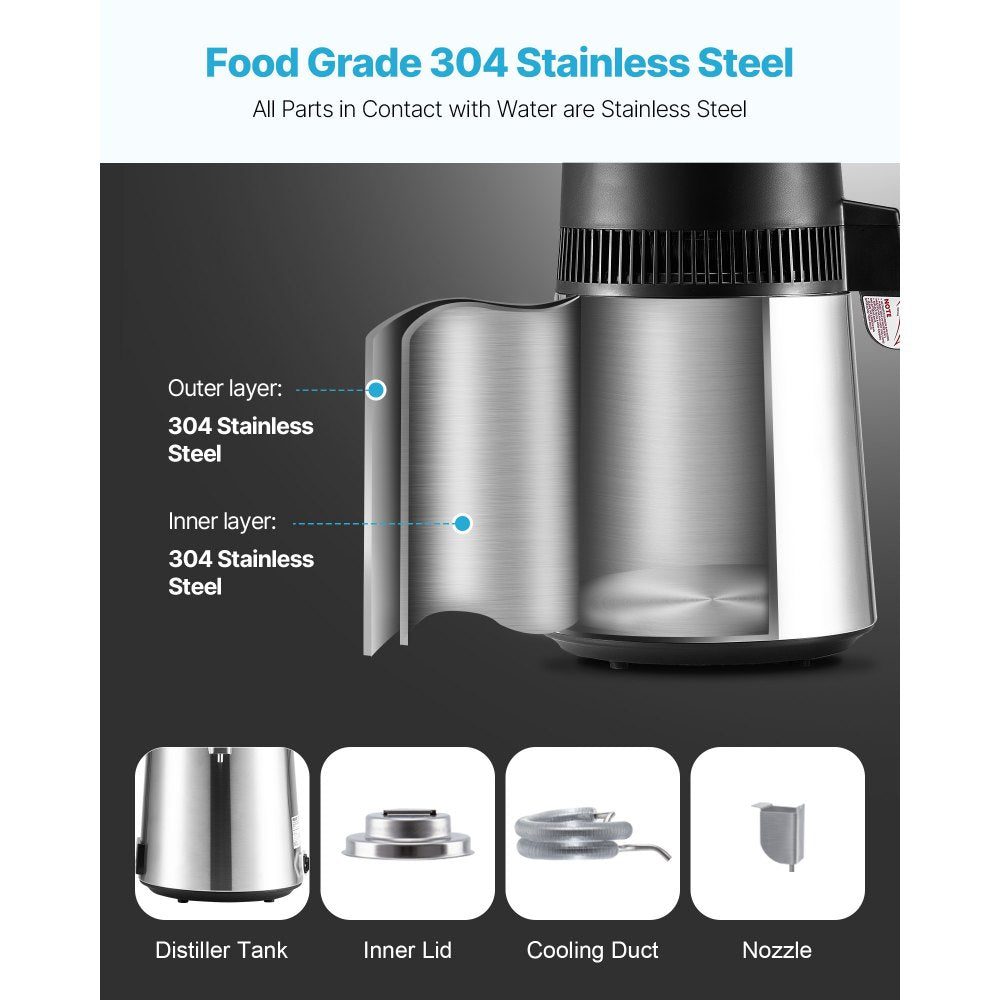 6L Water Distiller Home Countertop Purifier Machine 900W Stainless Steel