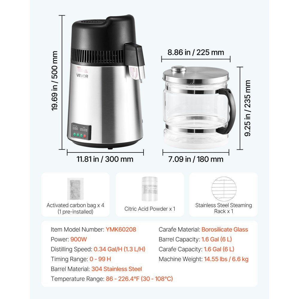 6L Water Distiller Home Countertop Purifier Machine 900W Stainless Steel