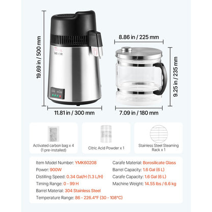 6L Water Distiller Home Countertop Purifier Machine 900W Stainless Steel