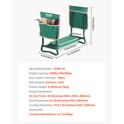 VEVOR Garden Kneeler and Seat 6" Wide Pad 330lbs Capacity Folding Garden Stool
