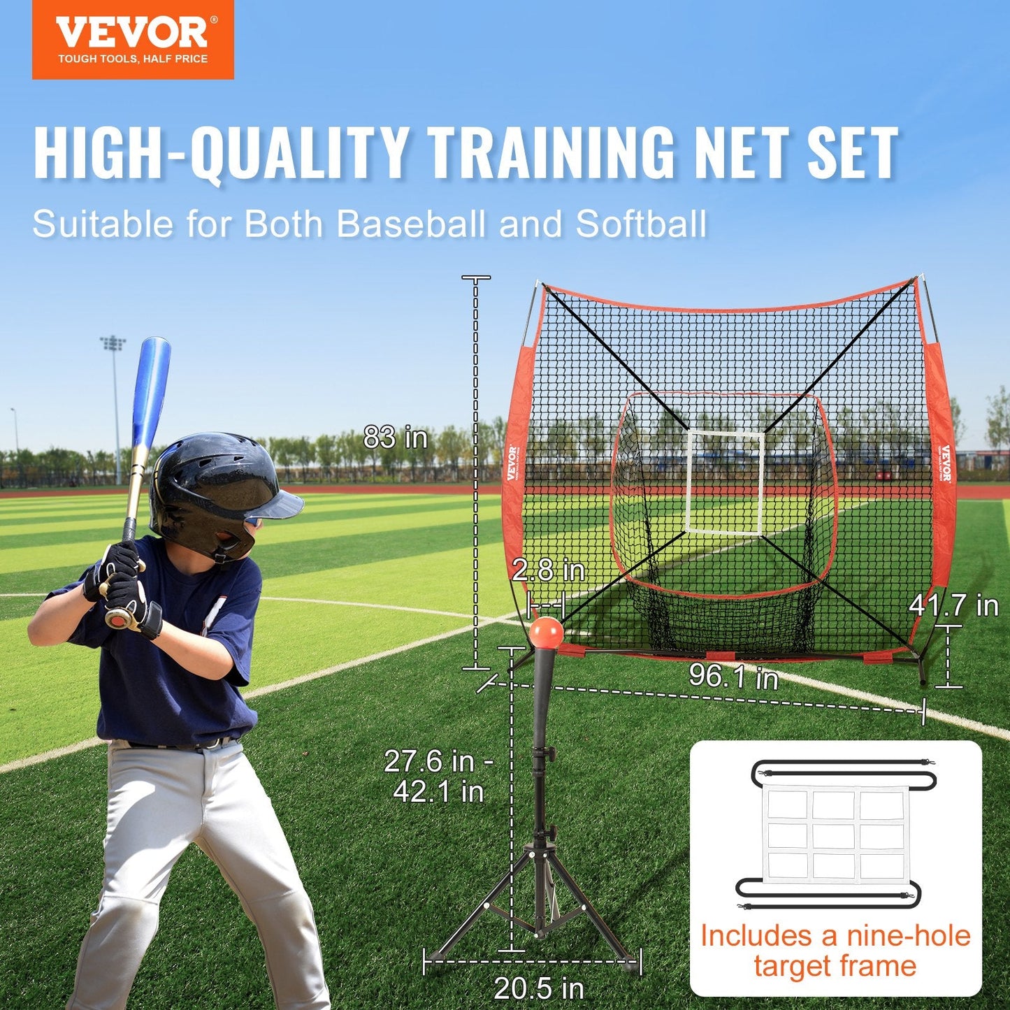 Portable Baseball Softball Practice Net with Bow Frame & Carry Bag, 2.13x1.78m