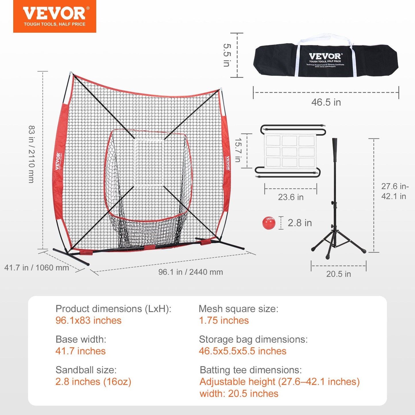 Portable Baseball Softball Practice Net with Bow Frame & Carry Bag, 2.13x1.78m