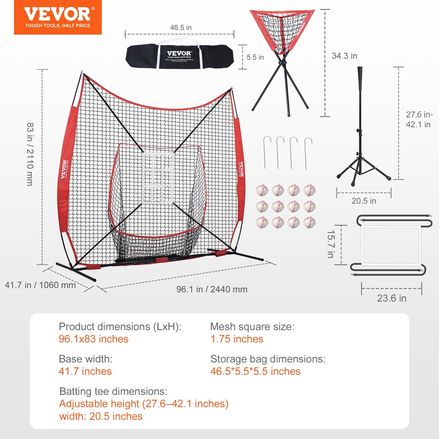 VEVOR 7x7 ft Baseball Softball Practice Net, Portable Baseball Training Net for