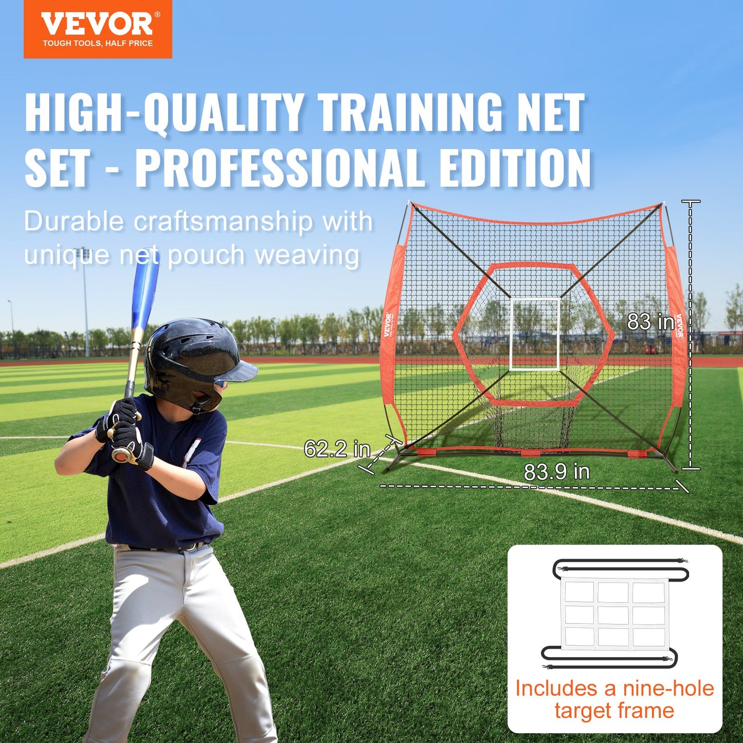 VEVOR 7x7 ft Baseball Softball Practice Net, Portable Baseball Training Net for