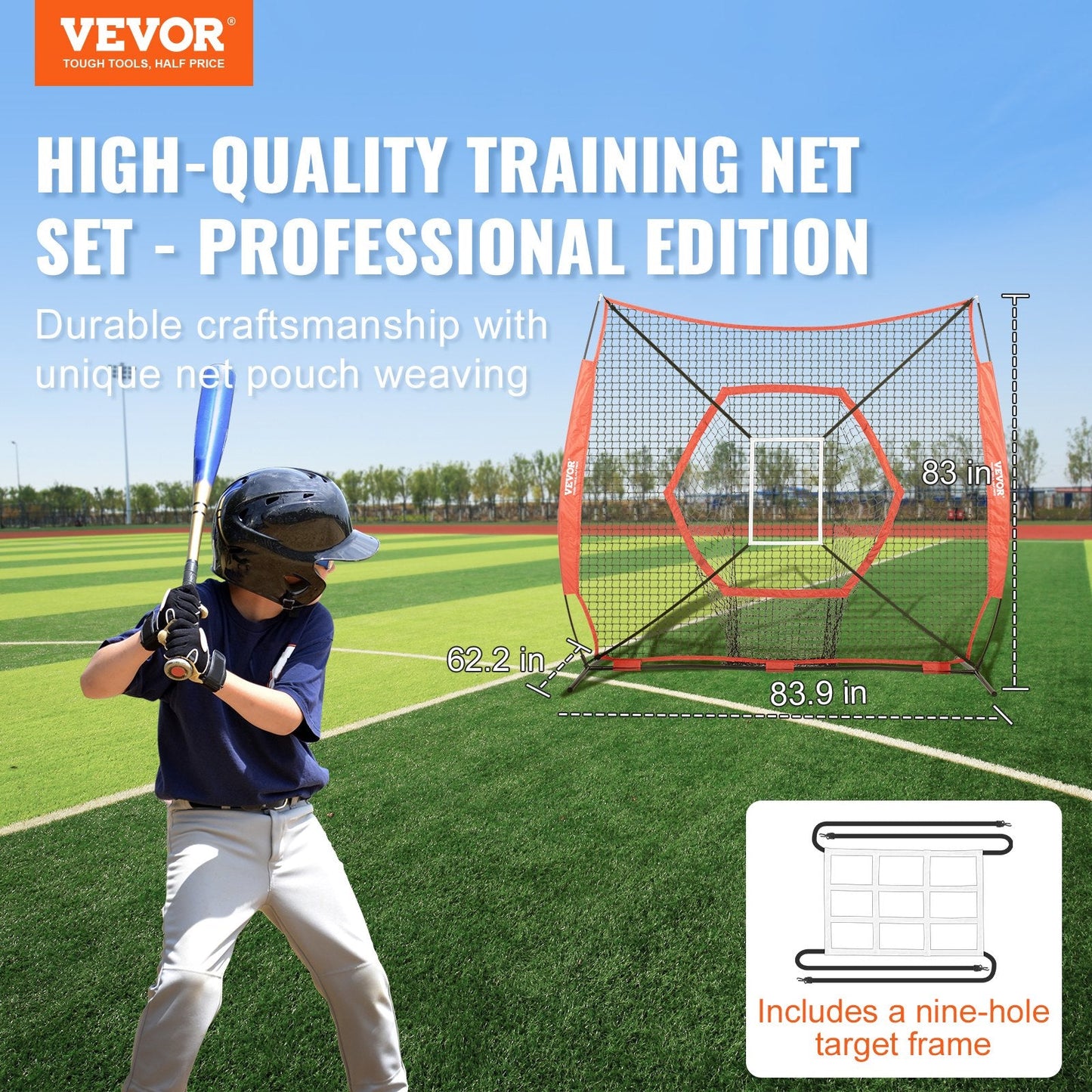 Portable 2.13x2.13m Baseball Softball Practice Net with Bow Frame & Carry Bag