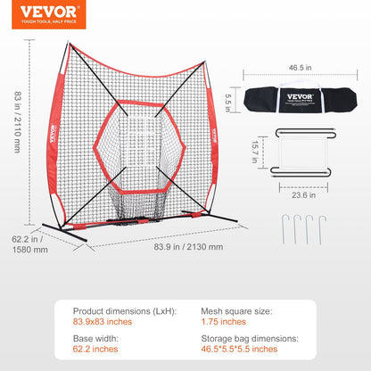 Portable 2.13x2.13m Baseball Softball Practice Net with Bow Frame & Carry Bag