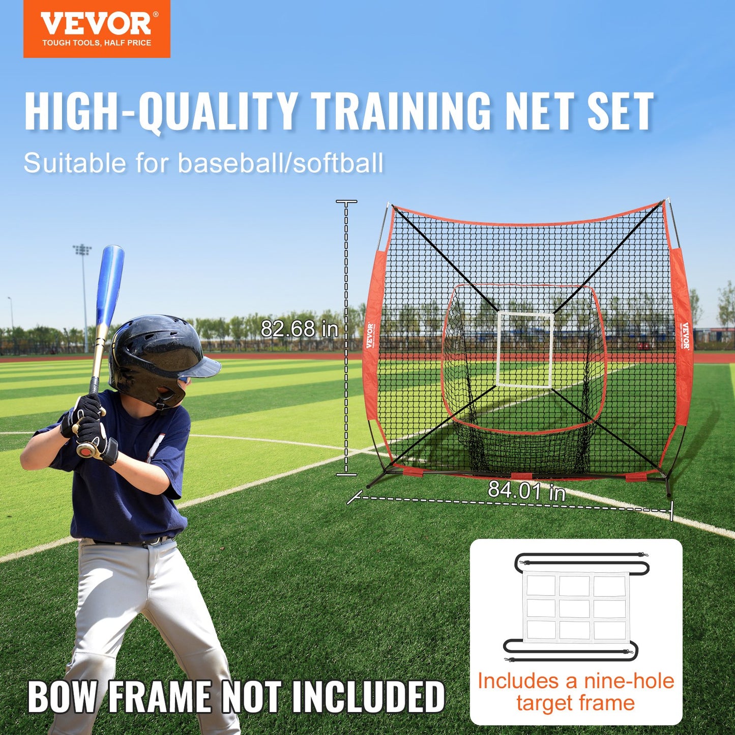 VEVOR 7x7 ft Baseball Softball Practice Net, Portable Baseball Training Net for