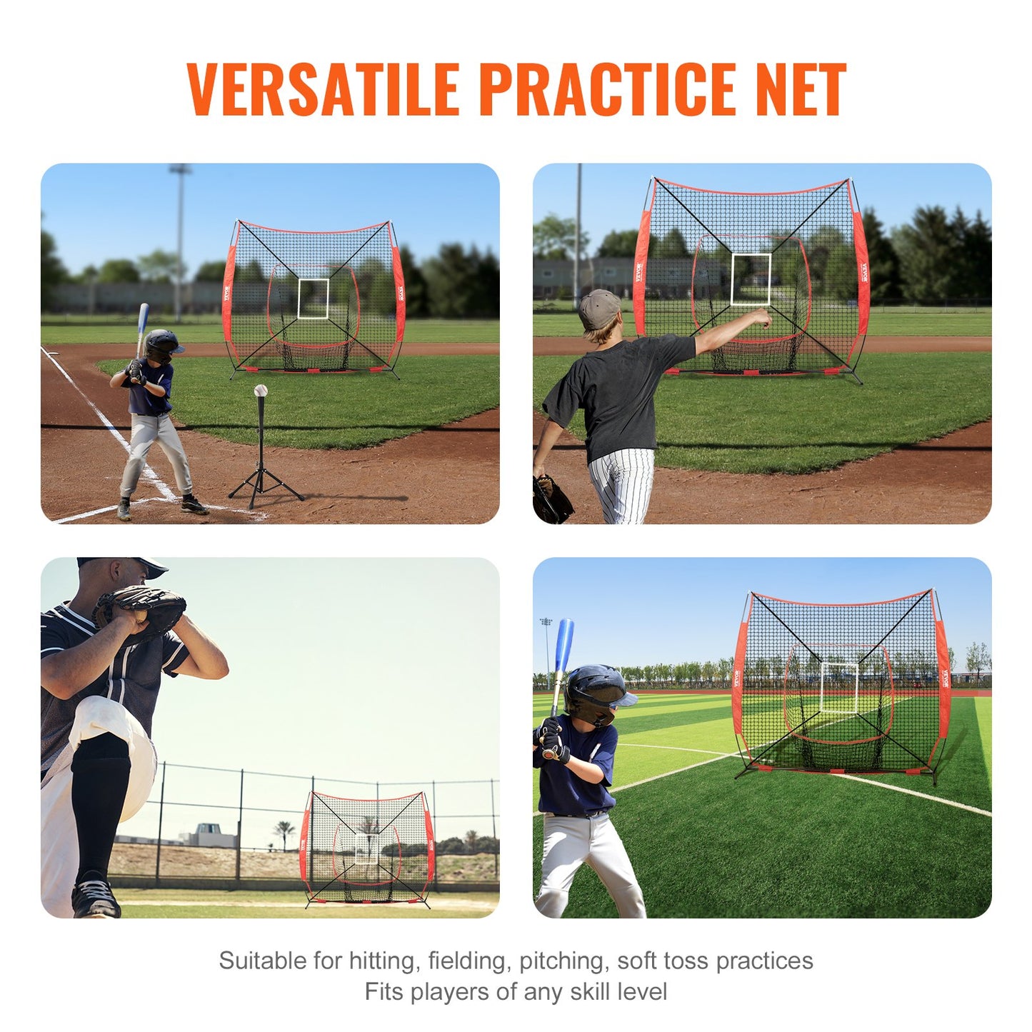 VEVOR 7x7 ft Baseball Softball Practice Net, Portable Baseball Training Net for