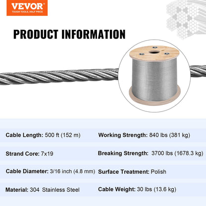 High-Strength 150m Stainless Steel Cable Reel, 4.76mm Diameter, 1678kg Breaking Strength