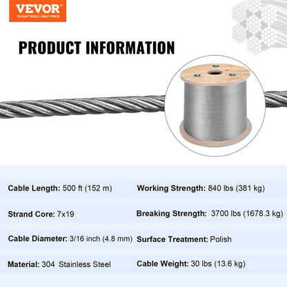 VEVOR 3/16 Inch 7x19 Stainless Steel Aircraft Cable Reel 500FT Stainless Steel Cable
