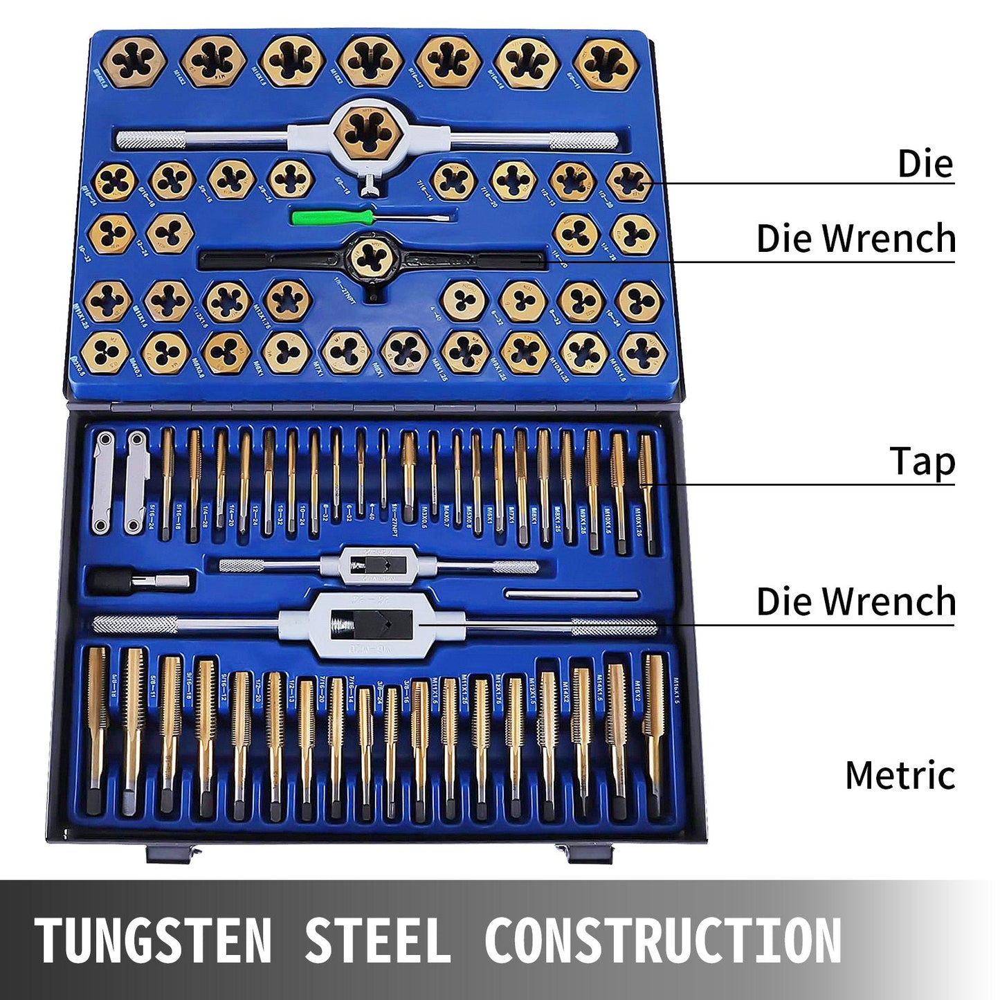 86-Piece Metric & SAE Tap and Die Set, Tungsten Steel, with Storage Case