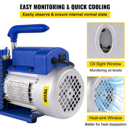 9 CFM Dual-Stage Vacuum Pump with Gauges for Refrigeration Systems