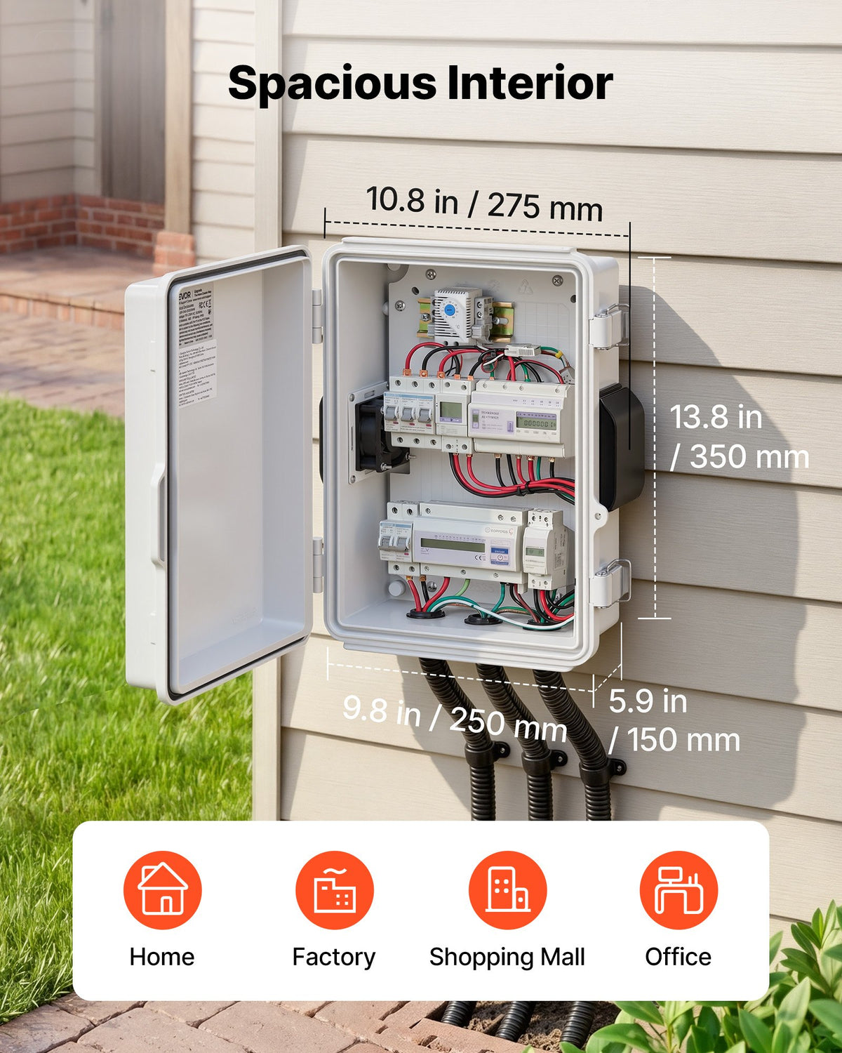 Outdoor Electrical Box, ABS, Waterproof Electrical Junction Box with Thermostat and Fan, Mounting Plate, Cable Grommets, Ventilated Plastic Enclosure, 360 x 275 x 150 mm, IP65 for Indoor/Outdoor