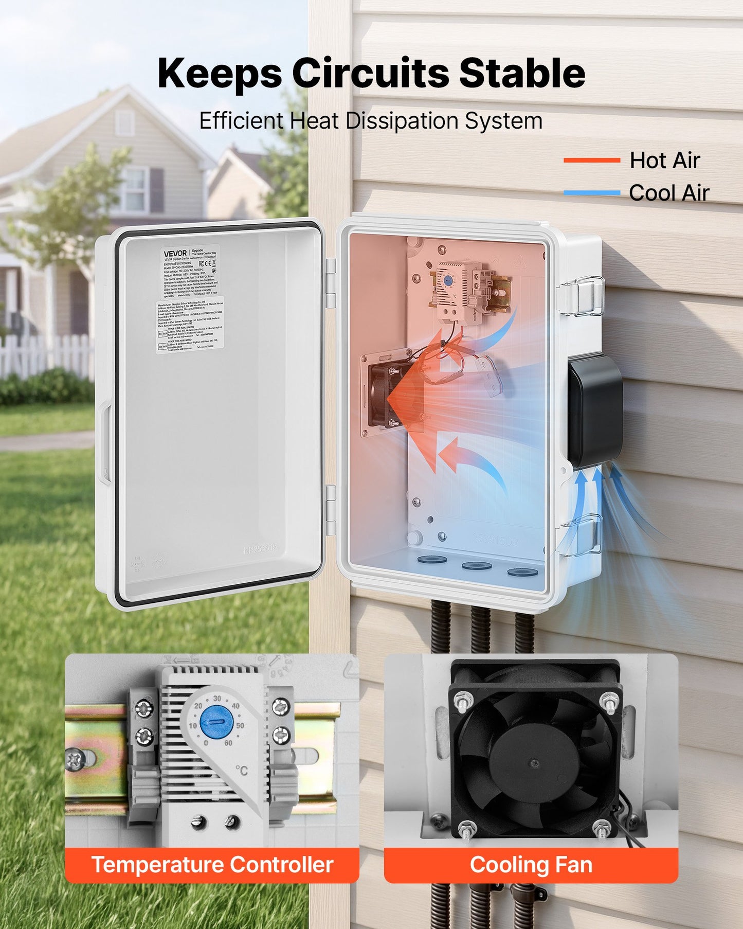 Outdoor Electrical Box, ABS, Waterproof Electrical Junction Box with Thermostat and Fan, Mounting Plate, Cable Grommets, Ventilated Plastic Enclosure, 360 x 275 x 150 mm, IP65 for Indoor/Outdoor