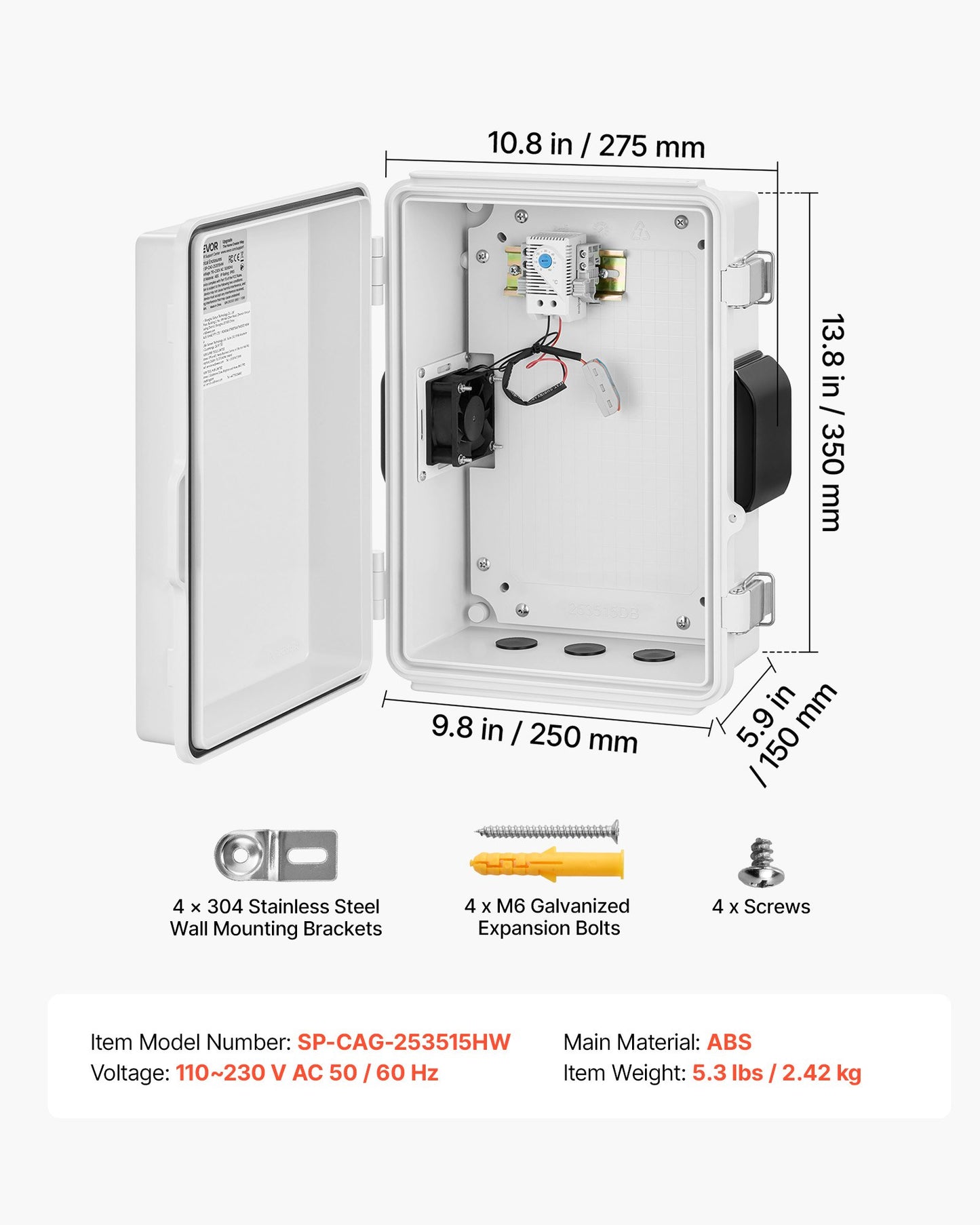 Outdoor Electrical Box, ABS, Waterproof Electrical Junction Box with Thermostat and Fan, Mounting Plate, Cable Grommets, Ventilated Plastic Enclosure, 360 x 275 x 150 mm, IP65 for Indoor/Outdoor