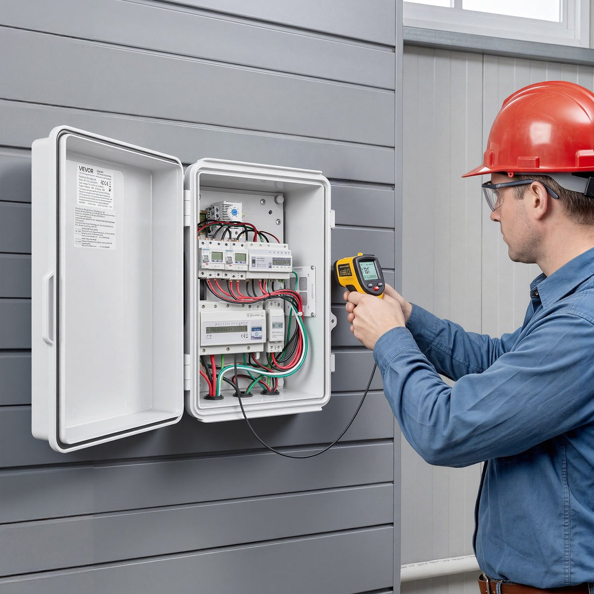 Outdoor Electrical Box, ABS, Waterproof Electrical Junction Box with Thermostat and Fan, Mounting Plate, Cable Grommets, Ventilated Plastic Enclosure, 360 x 275 x 150 mm, IP65 for Indoor/Outdoor