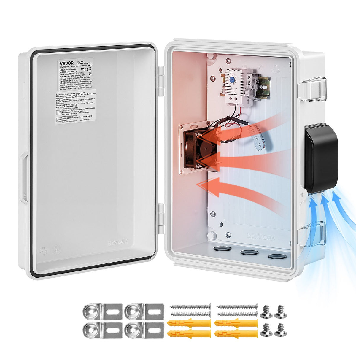 Outdoor Electrical Box, ABS, Waterproof Electrical Junction Box with Thermostat and Fan, Mounting Plate, Cable Grommets, Ventilated Plastic Enclosure, 360 x 275 x 150 mm, IP65 for Indoor/Outdoor