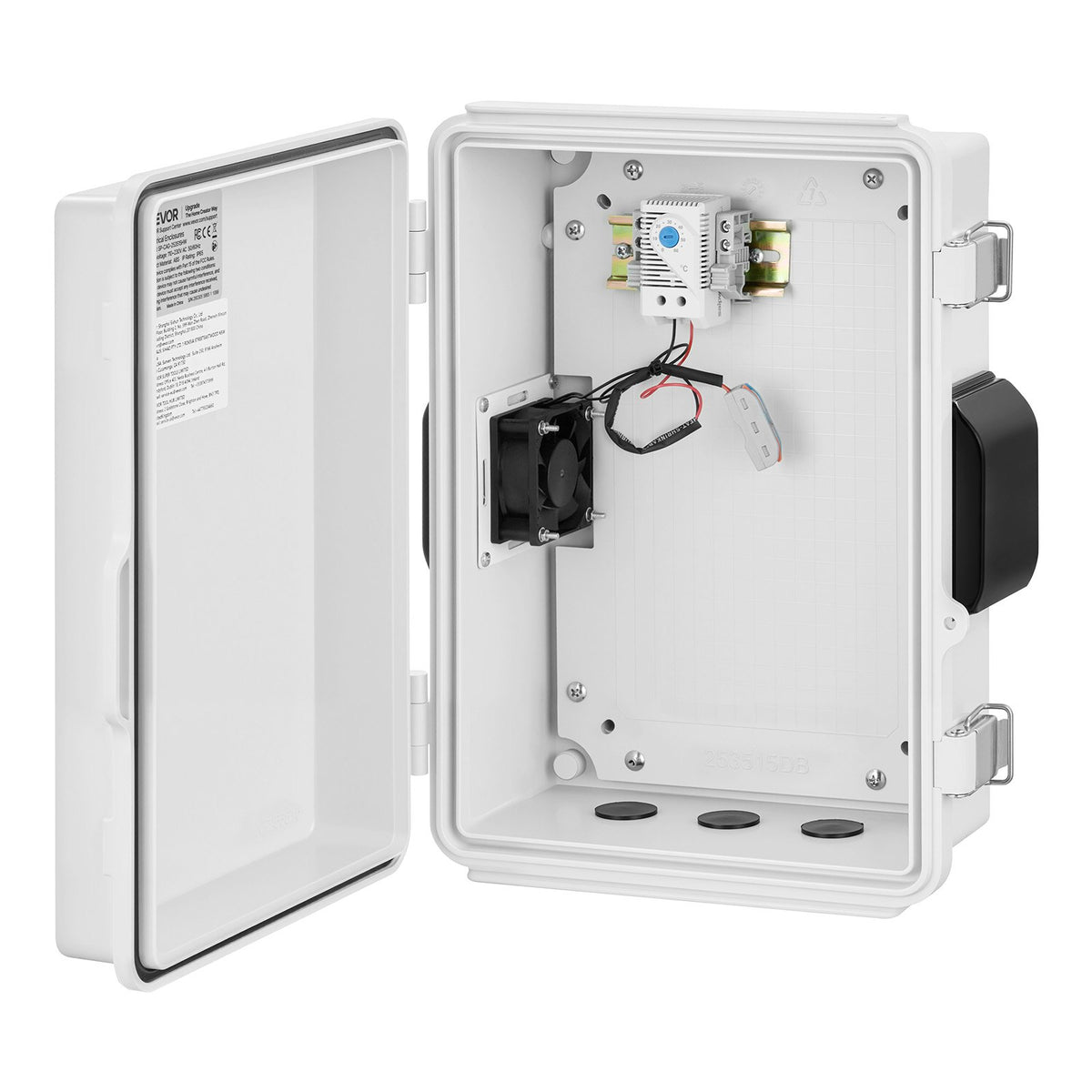 Outdoor Electrical Box, ABS, Waterproof Electrical Junction Box with Thermostat and Fan, Mounting Plate, Cable Grommets, Ventilated Plastic Enclosure, 360 x 275 x 150 mm, IP65 for Indoor/Outdoor