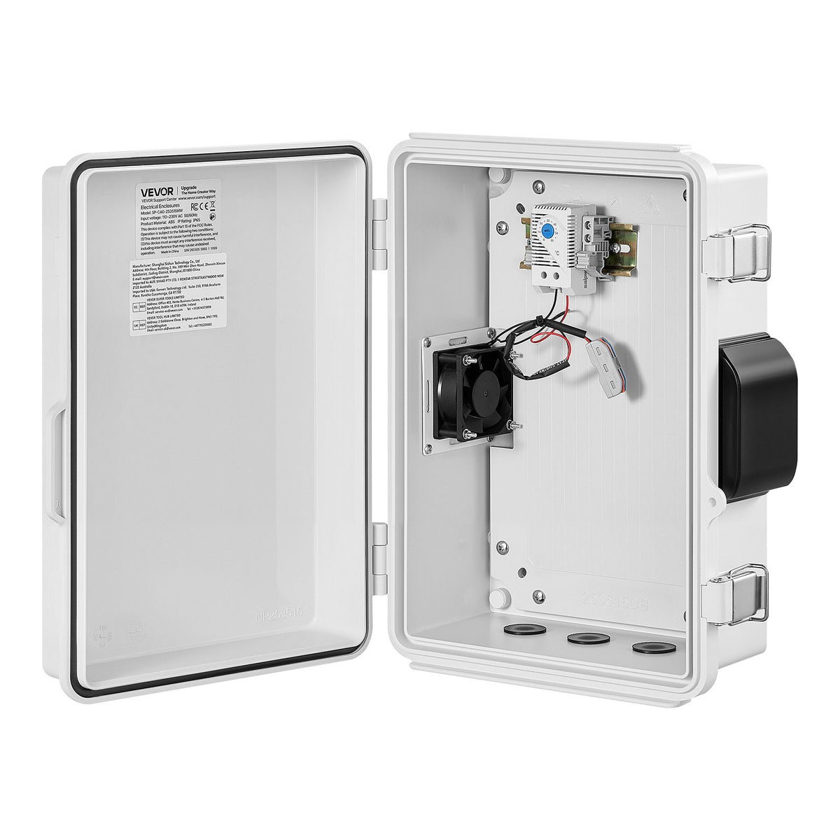 Outdoor Electrical Box, ABS, Waterproof Electrical Junction Box with Thermostat and Fan, Mounting Plate, Cable Grommets, Ventilated Plastic Enclosure, 360 x 275 x 150 mm, IP65 for Indoor/Outdoor