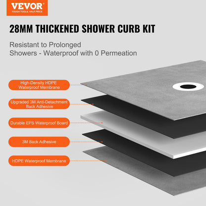 Waterproof Shower Curb Kit with Central Drain and Stainless Grate, 1.5x1.2m