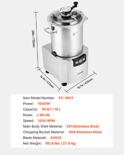 VEVOR Food Processor & Vegetable Chopper 18L Food-Grade Stainless Steel Blender