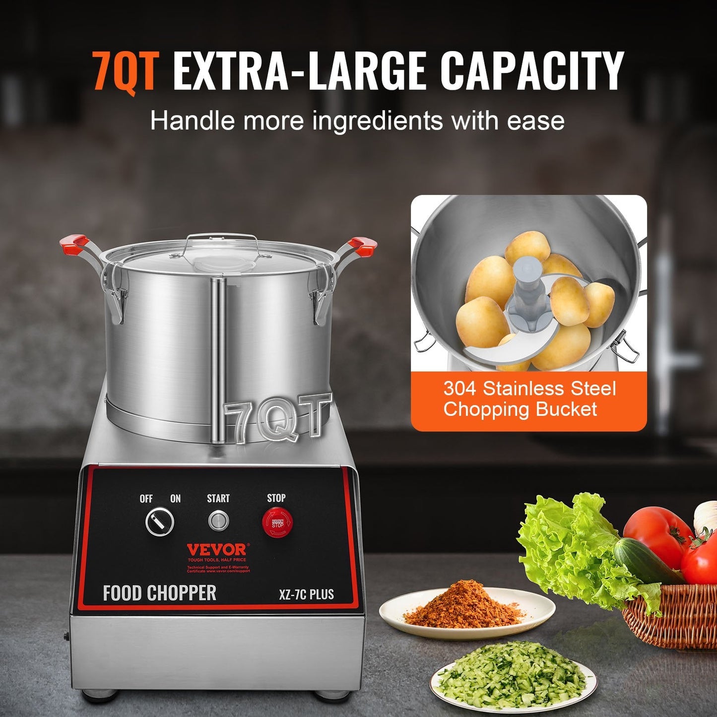 7 Quart Stainless Steel Food Processor with Extra S-Curve Blades, 750W Power