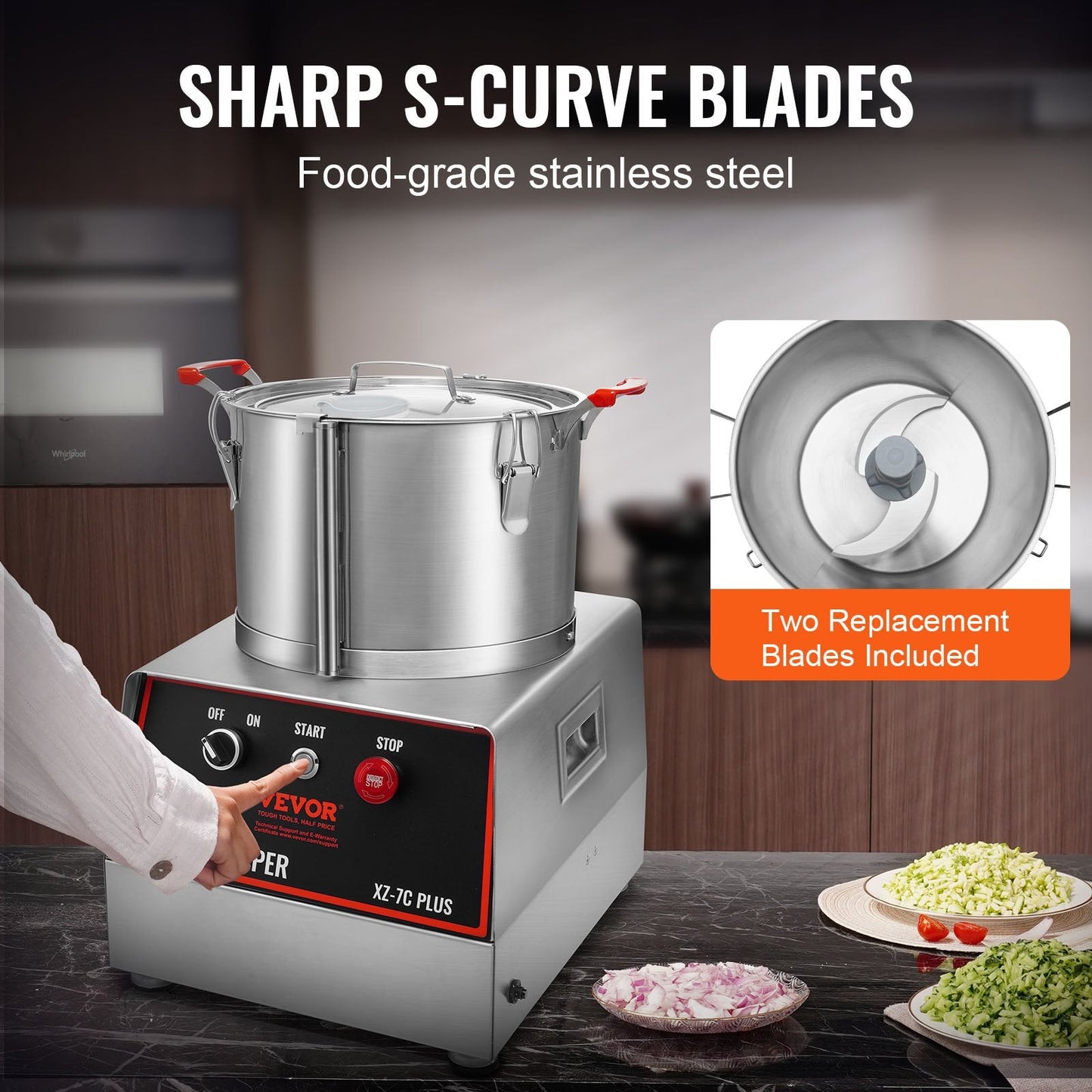 7 Quart Stainless Steel Food Processor with Extra S-Curve Blades, 750W Power