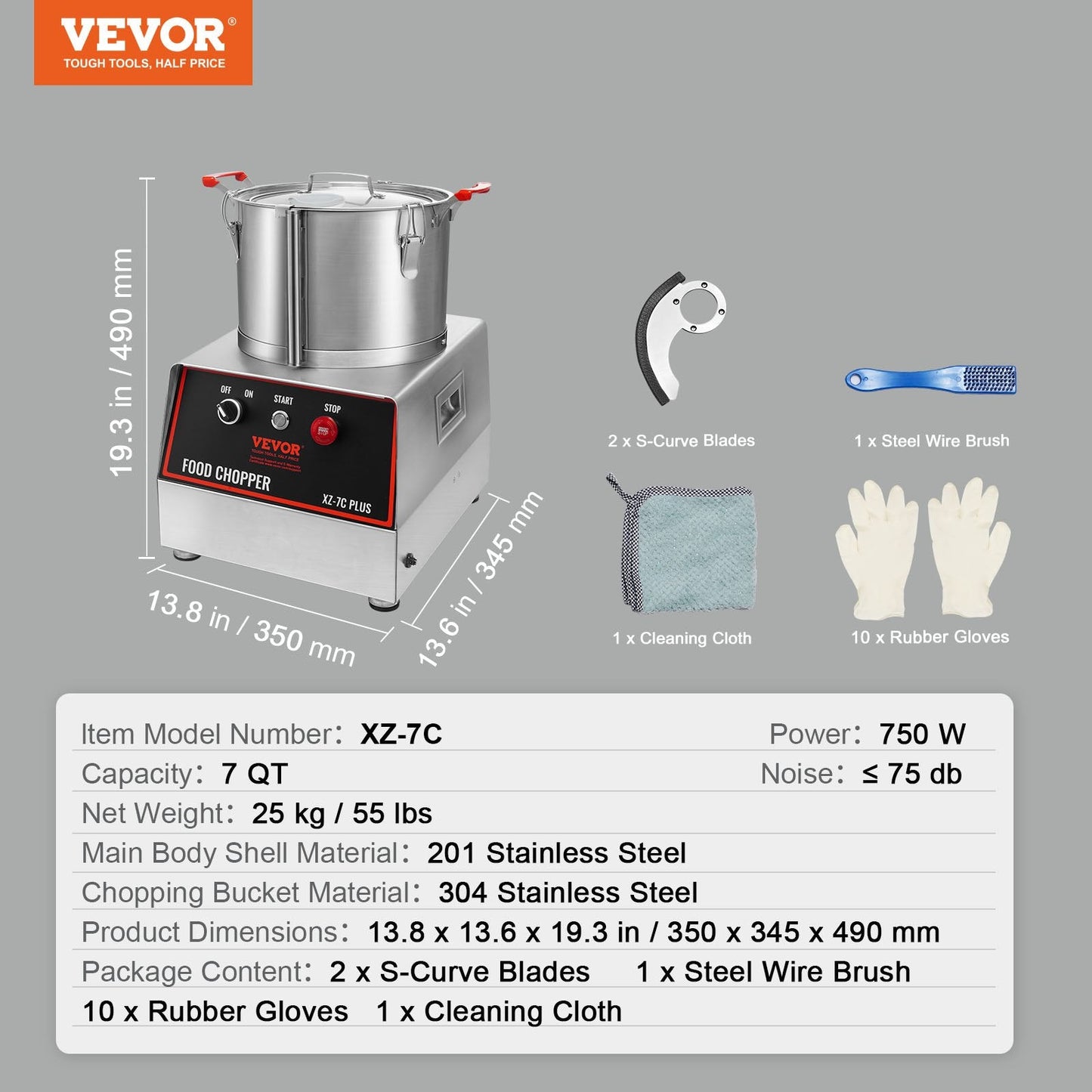 7 Quart Stainless Steel Food Processor with Extra S-Curve Blades, 750W Power