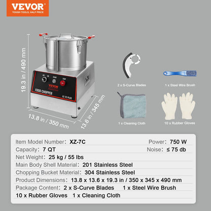 7 Quart Stainless Steel Food Processor with Extra S-Curve Blades, 750W Power