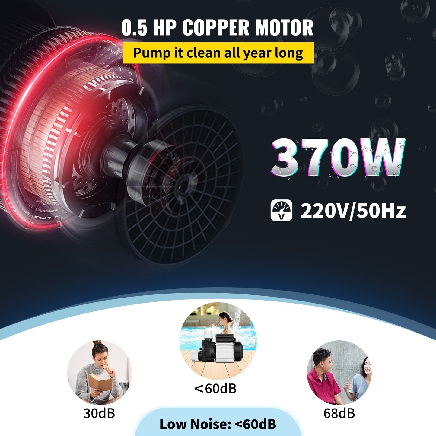 0.5 HP 370W Hot Tub Spa Pump, Single Speed, 220V, Water Circulation
