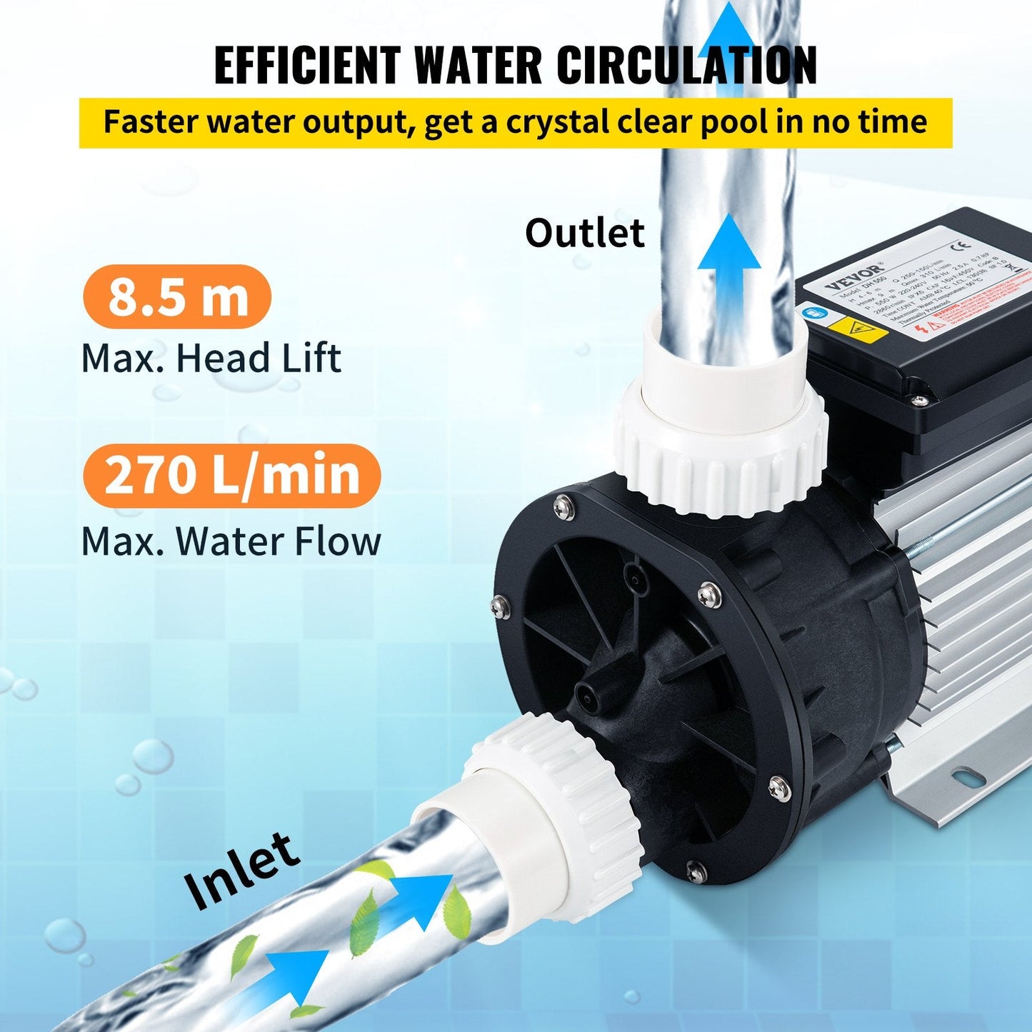0.5 HP 370W Hot Tub Spa Pump, Single Speed, 220V, Water Circulation