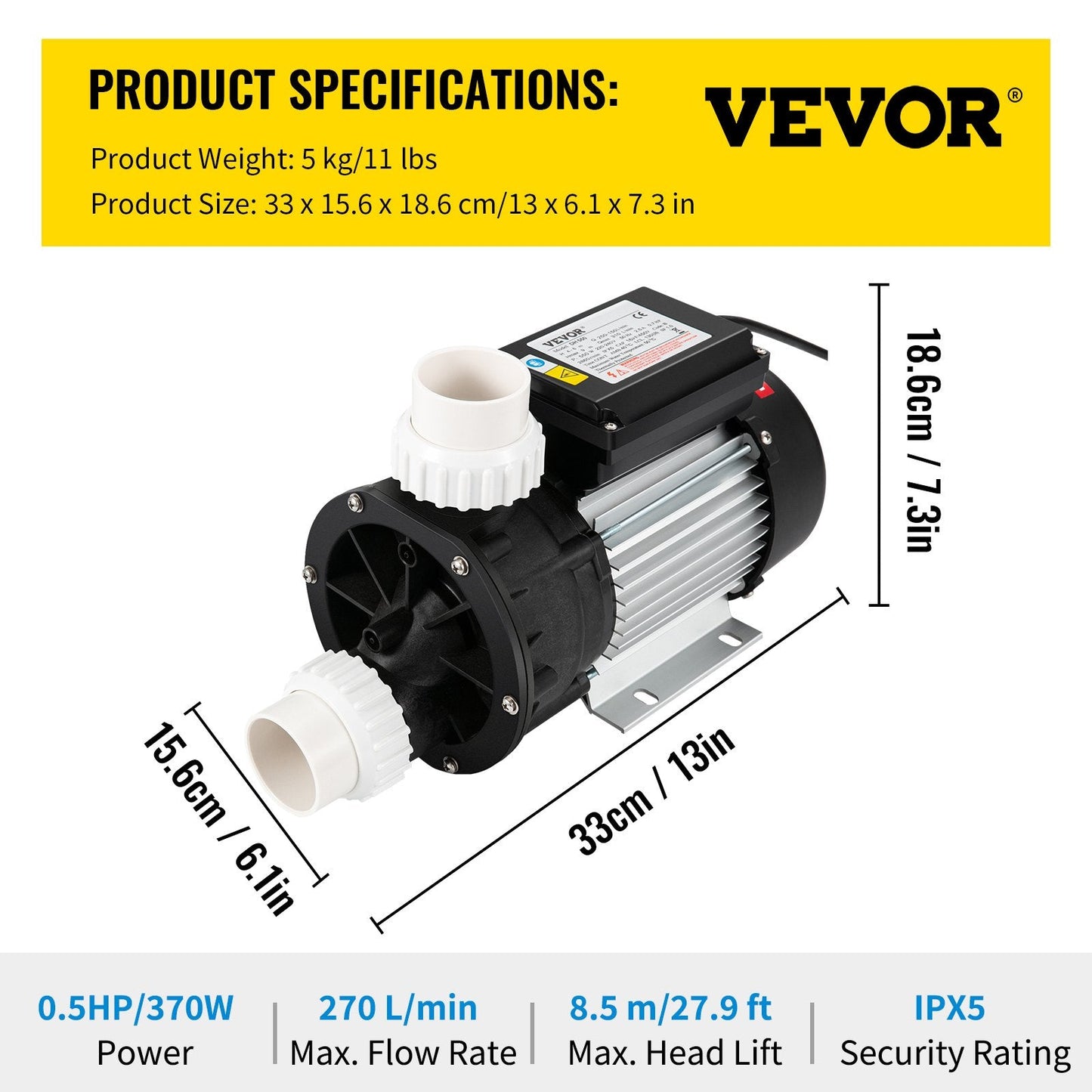 0.5 HP 370W Hot Tub Spa Pump, Single Speed, 220V, Water Circulation