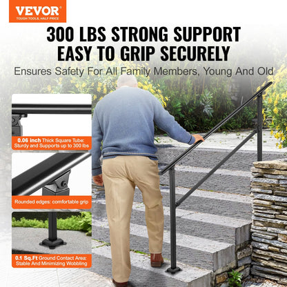 Adjustable Outdoor Wrought Iron Stair Handrail Kit for 0-5 Steps, Black