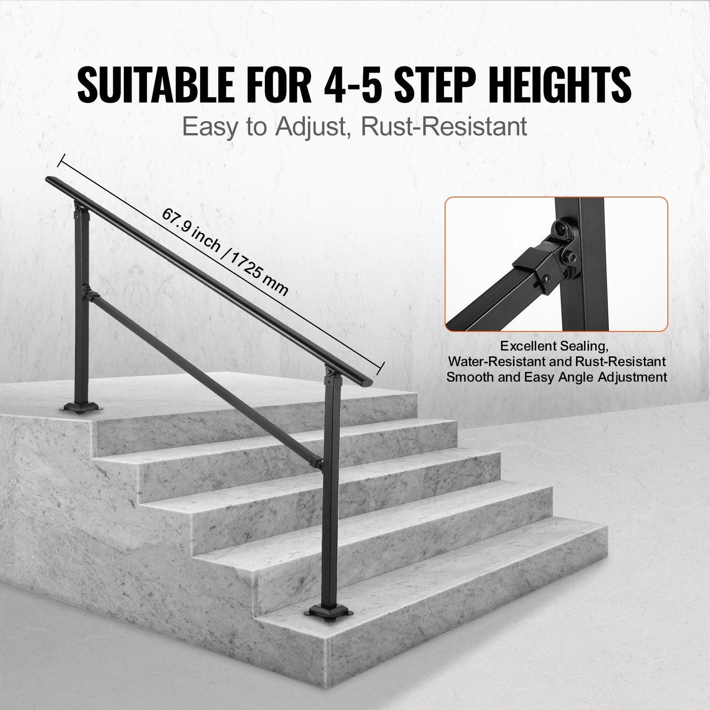 Adjustable Outdoor Wrought Iron Stair Handrail Kit for 0-5 Steps, Black